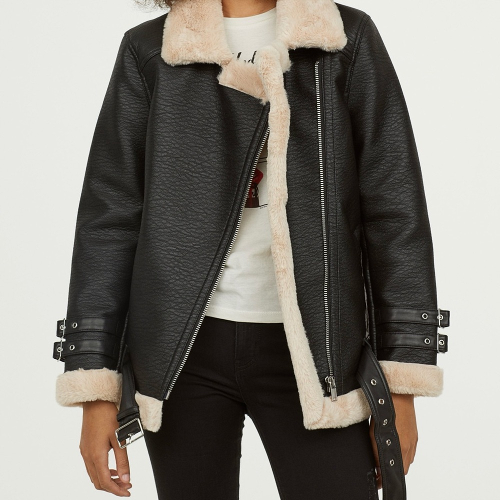 NWT H&M Aviator Teddy Fleece Jacket – Black/Beige, Size Small - Picture 2 of 7